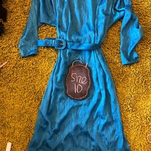 Vintage Blue Long Sleeve Dress with Belt